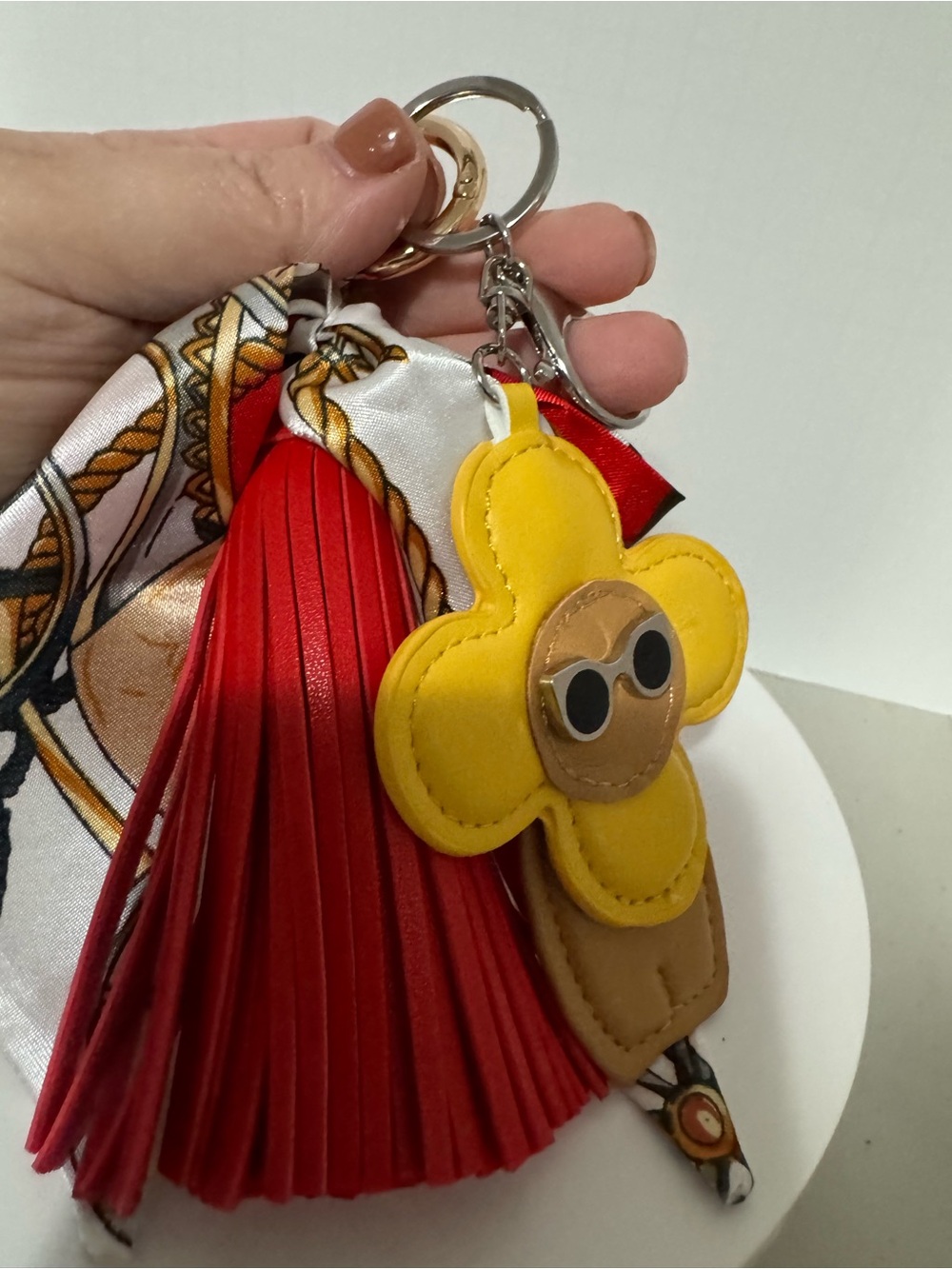 Yellow Flower Leather Keychain Charm with Red Tassel